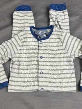 18 Month Baby Boden Striped Gray Blue One Piece Outfit PJ Long Sleeve Snap Close